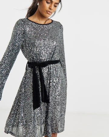 Simply Be Silver Sequin Skater Dress With Contrast Belt