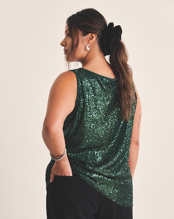 Dark Green Linear Sequin Bow Shoulder Tank Top