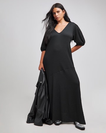 Black Textured Jersey Asymmetric Seam Maxi Dress