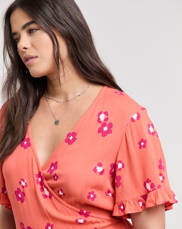 Orange Floral Print Crinkle Wrap Midi Dress