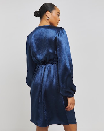 Blue Satin Tie Front Long Sleeve Dress