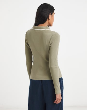 Simply Be Sage Contrast Scallop Trim Polo Top