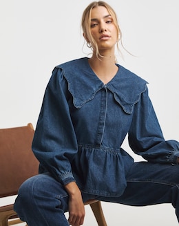 Simply Be Mid Blue Denim Scalloped Collar Peplum Blouse