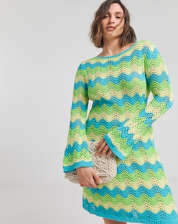 Colourful Crochet Look Wave Stitch Tie Back Knitted Mini Dress