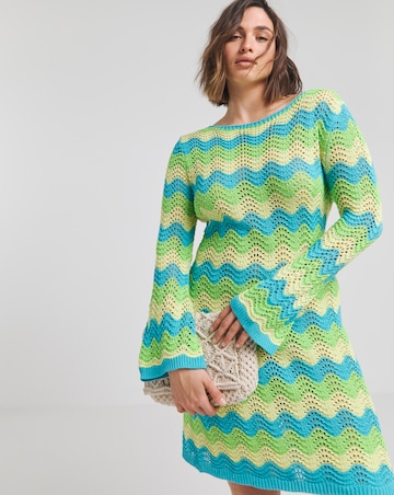 Colourful Crochet Look Wave Stitch Tie Back Knitted Mini Dress