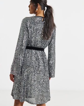 Simply Be Silver Sequin Skater Dress With Contrast Belt