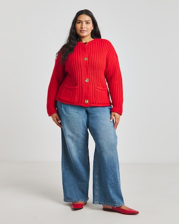 Red Chunky Knitted Crew Neck Cardigan