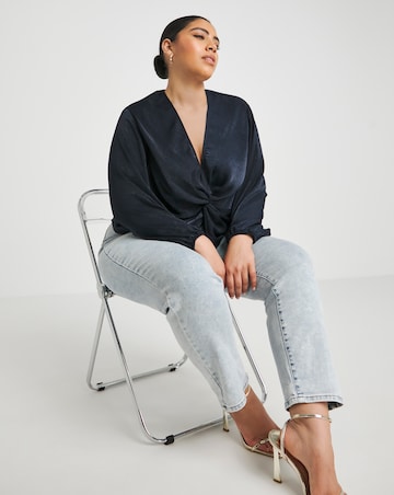 Simply Be Navy Knot Front Velvet Satin Long Sleeve Blouse