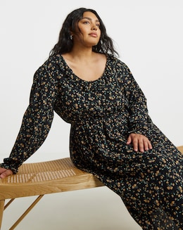 Ditsy Floral Print Frill Neck Detail Midi Dress