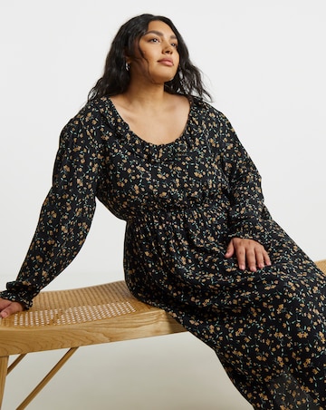 Ditsy Floral Print Frill Neck Detail Midi Dress