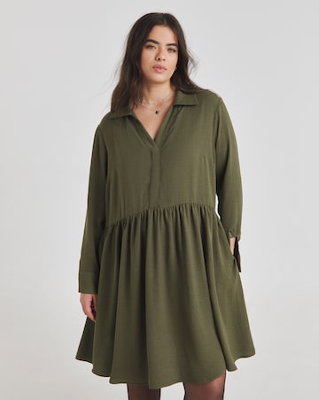 Khaki Herringbone Twill Smock Dress With Pockets