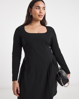 Black Bengaline Waist Detail Skater Dress