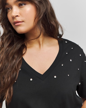 Black V Neck Embellished T-Shirt