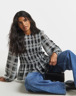 Mono Check Shirred Georgette Blouse