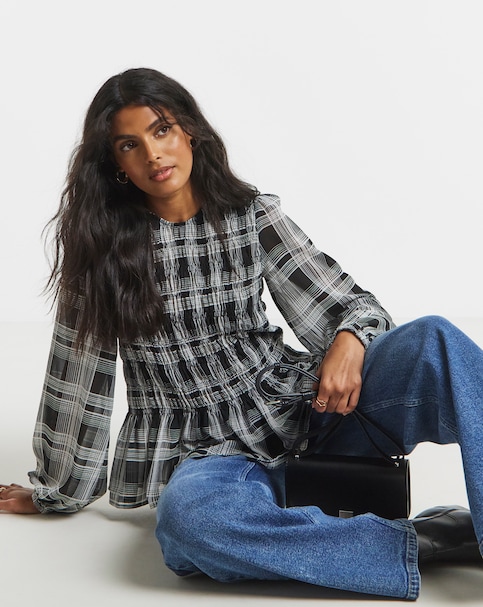 Mono Check Shirred Georgette Blouse