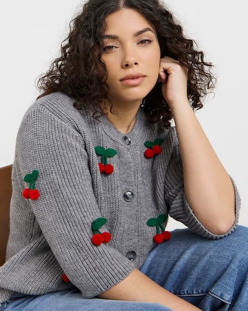 Simply Be Grey Short Sleeve Cherry Applique Cardigan