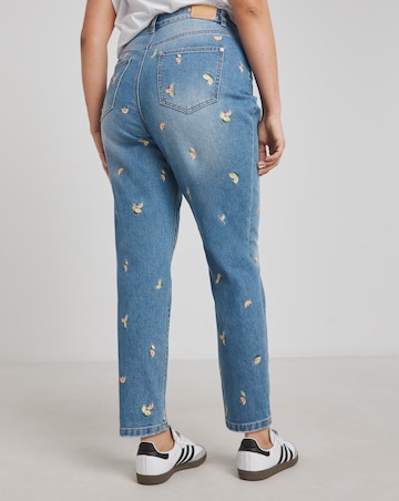 Mid Blue Fruit Embroidered Slim Mom Jeans
