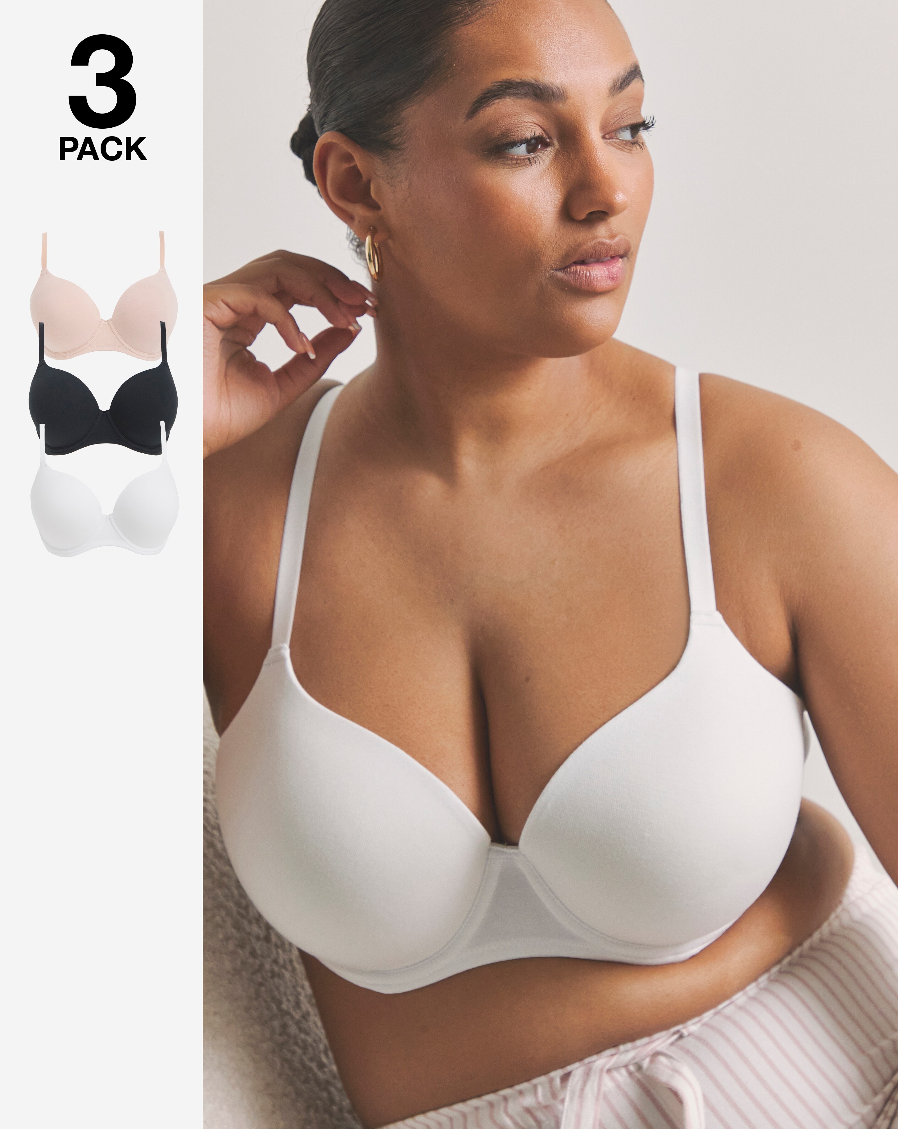 Pretty Secrets (3 Pack) Cotton T-Shirt Wired Bras (B-F) Black/White/Blush