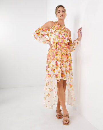 Boutique Floral Print Dip Hem Cold Shoulder Dress