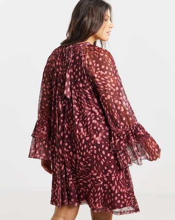 Burgundy Printed Romantic Frill Mesh Smock Dress