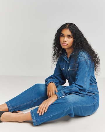 Mid Wash Authentic Look Drape Denim Jumpsuit