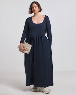 Navy Jersey Poplin Midi Dress