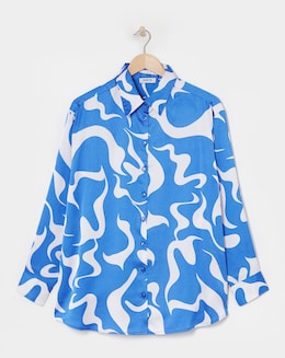 Blue Swirl Print Relaxed Satin Long Sleeve Shirt