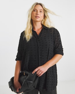 Black Relaxed Dip Back Georgette Dobby Shirt