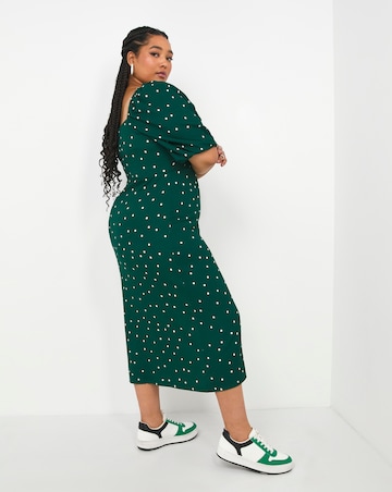Green Spot Long Sleeve Milkmaid Waffle Midi Dress