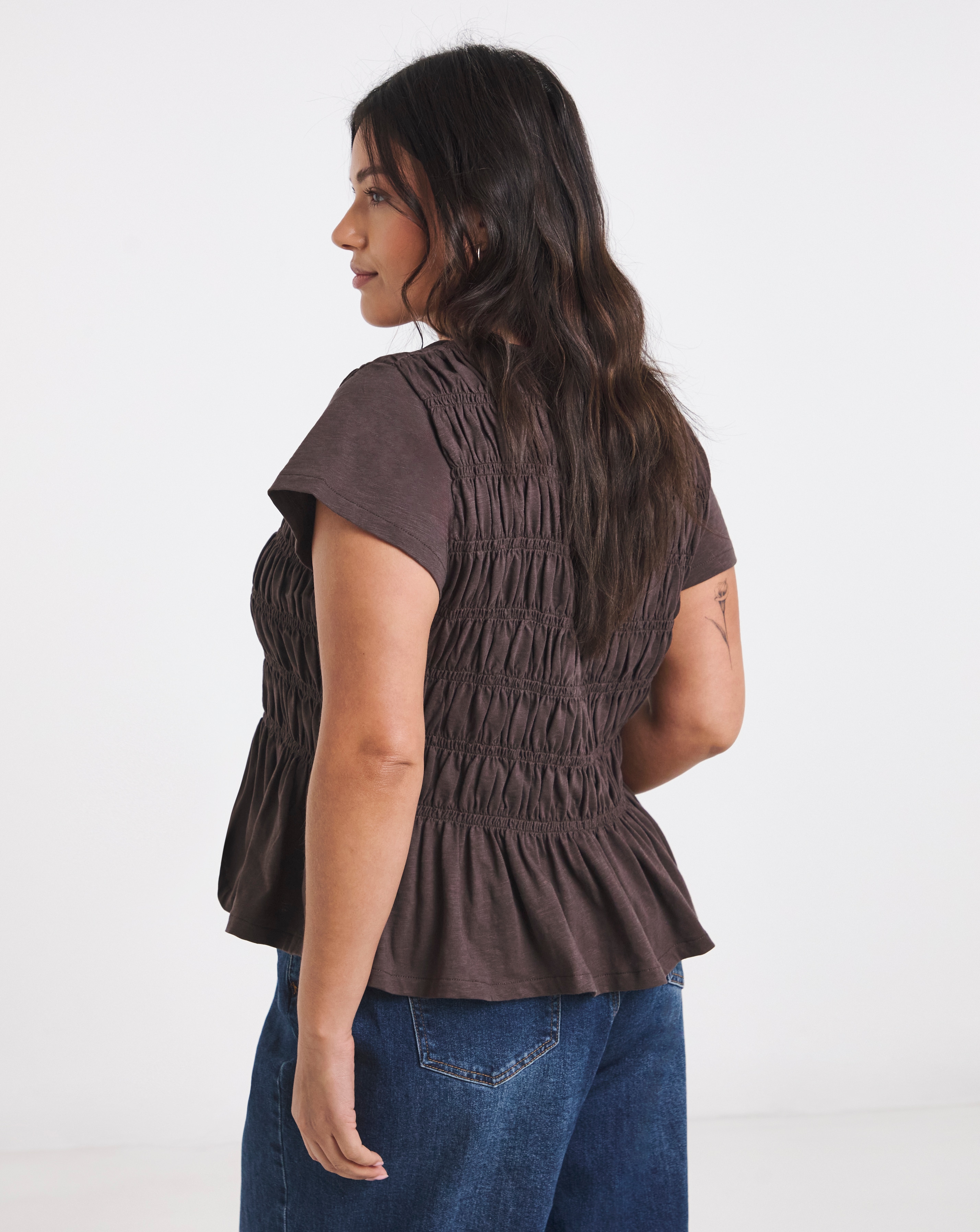 Simply Be Chocolate Shirred Peplum Top | Simply Be