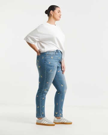 Mid Blue Fruit Embroidered Slim Mom Jeans