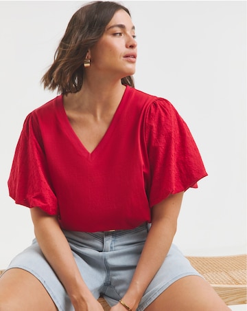 Red Broderie Sleeve V Neck T-Shirt