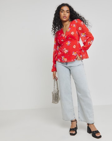 Twisted Wunder Red Floral Dobby Chiffon Frill Sleeve Blouse