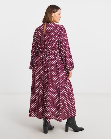 Burgundy Spot Printed Waist Detail Midi Dress
