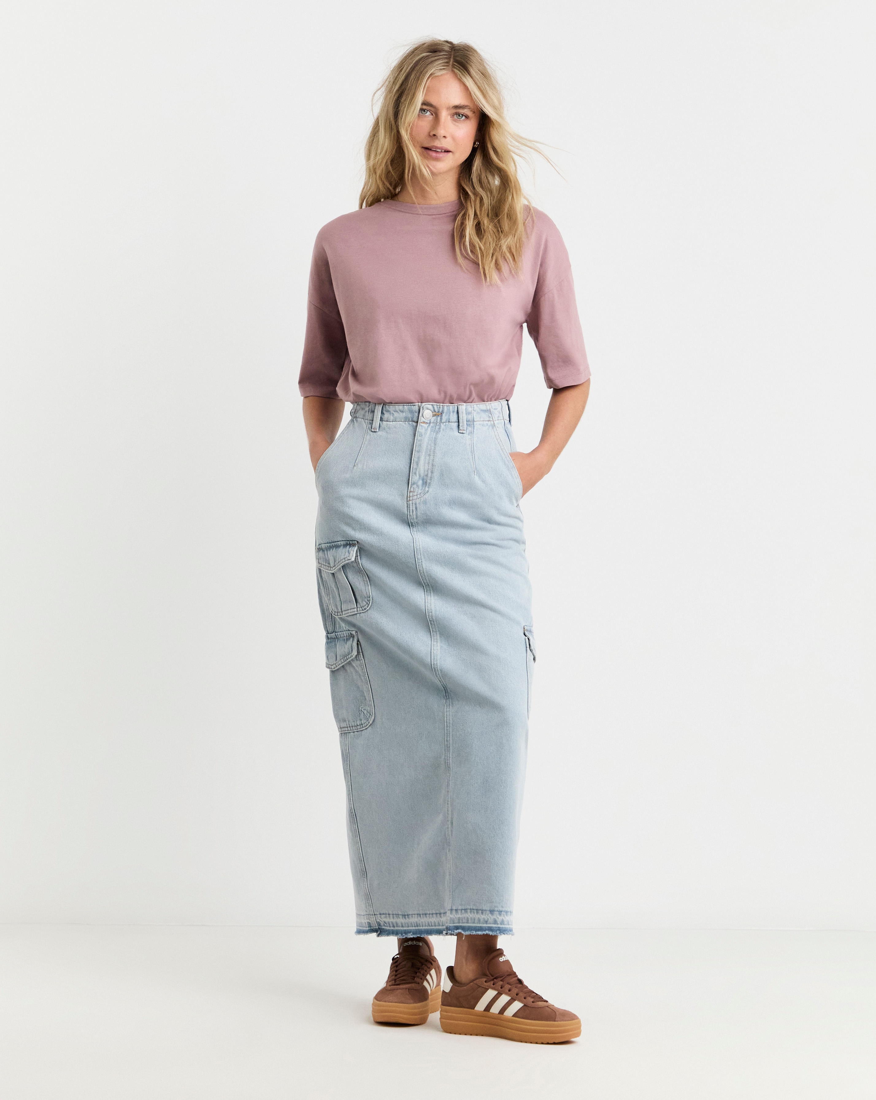 Light Wash Utility Cargo Pocket Denim Maxi Skirt | Simply Be