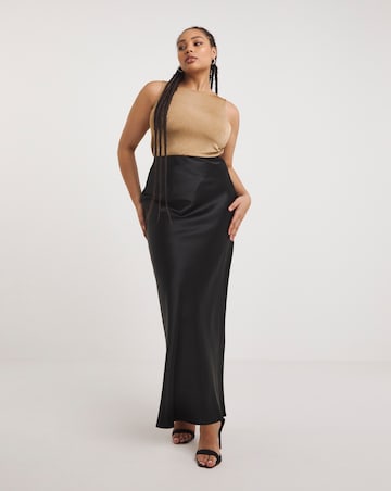 Black Stretch Satin Maxi Skirt