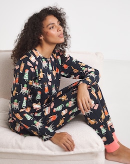 Chelsea Peers Jersey Crew Neck Christmas Cat Print Pyjama Set