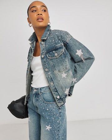 Simply Be X Twisted Wunder Mid Wash Star Embellished Boyfriend Denim Jacket