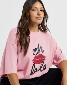 Simply Be Pink Ooh La La Graphic Embellished T-Shirt