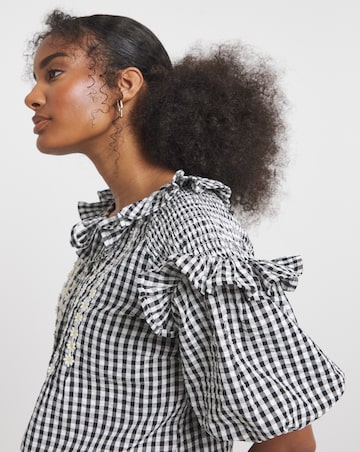 Neon Rose Gingham Seersucker Blouse with Pintuck Daisy Trims