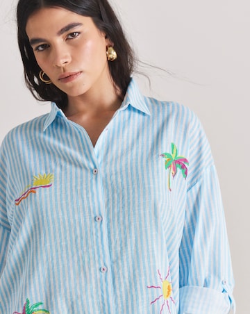 Embroidered Button Up Stripe Beach Shirt