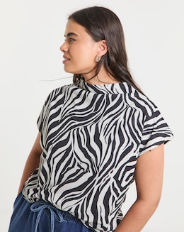 Zebra Print Slash Neck Mesh Top