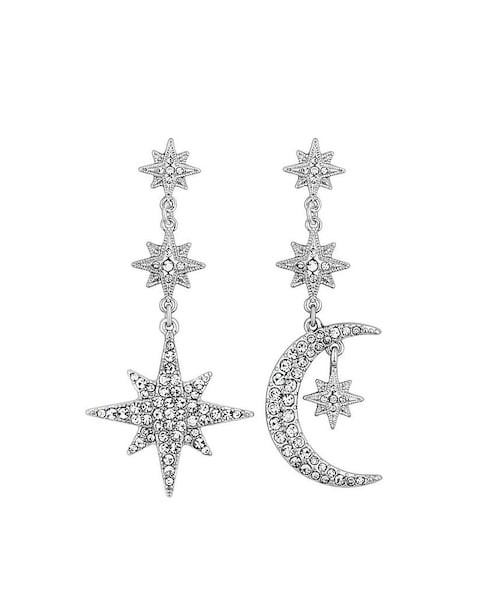 Mood Silver Crystal Moon And Star Statement Drop Earrings