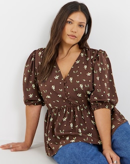 Button Through Chocolate Floral Peplum Blouse