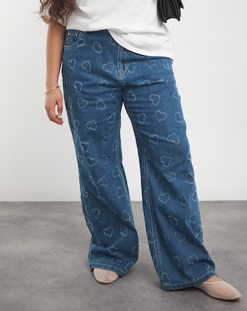 Mid Wash Distressed Heart Straight Leg Jean