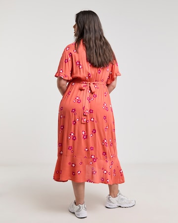 Orange Floral Print Crinkle Wrap Midi Dress