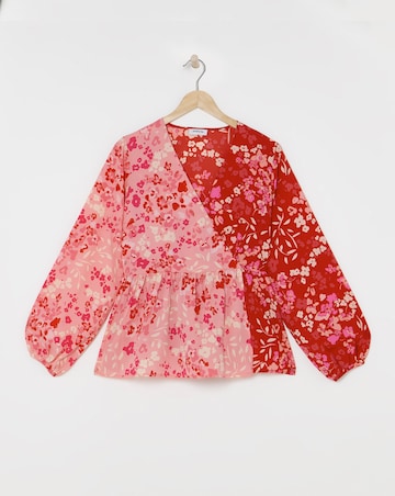 Mixed Print V Neck Long Sleeve Wrap Peplum Blouse