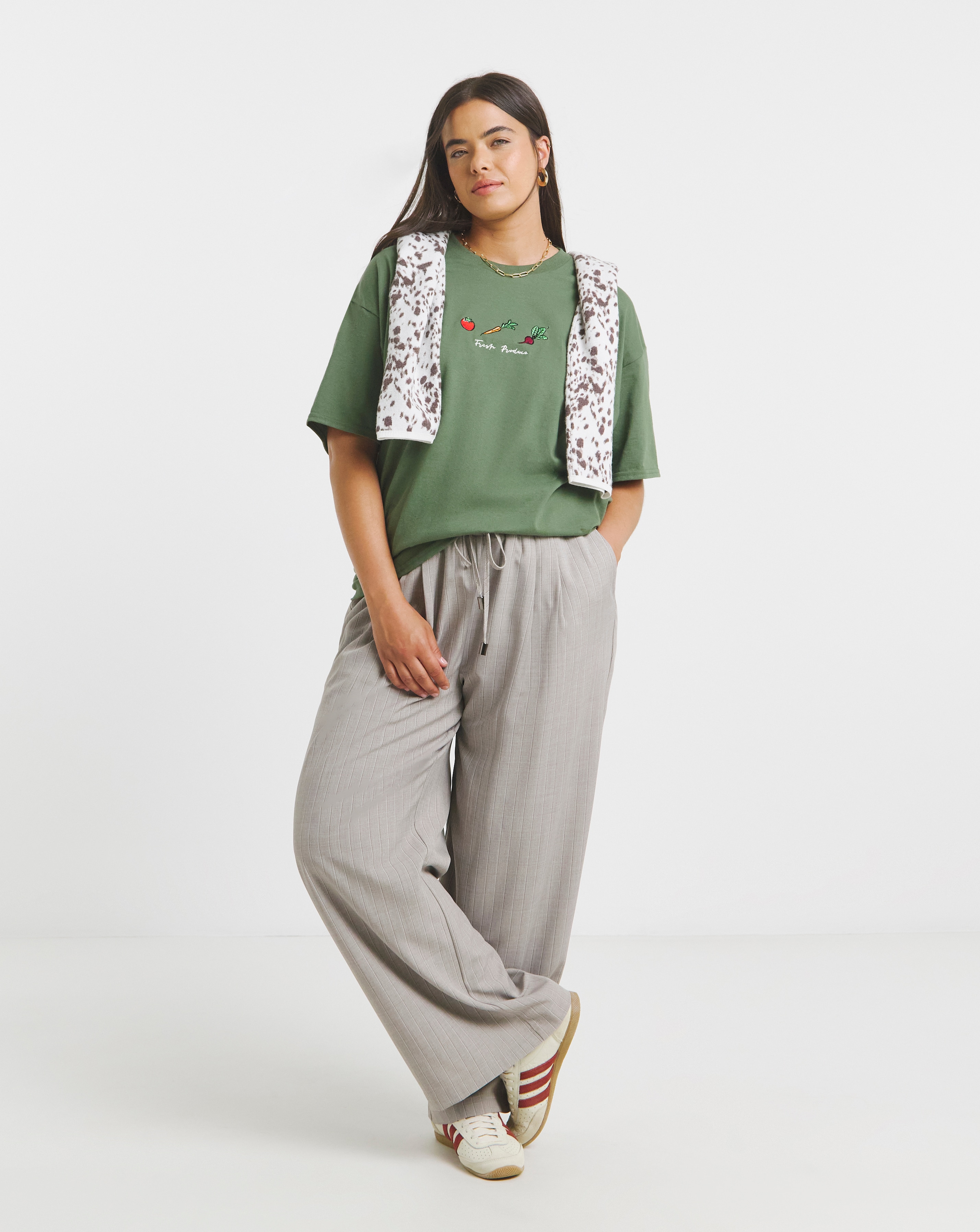 Khaki Vegetable Embroidery T-Shirt | Simply Be