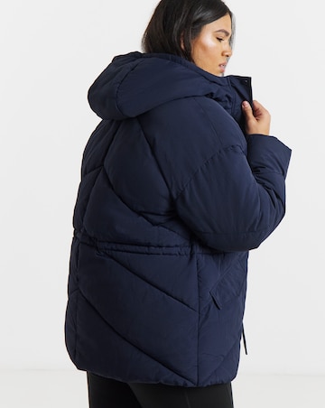 Navy Waisted Detail Padded Coat