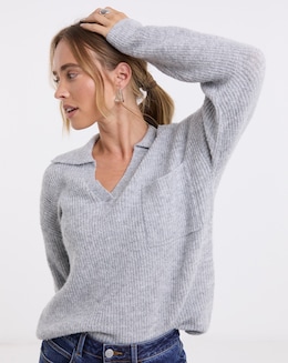 Cosy Yarn Grey Marl V-Neck Collared Jumper